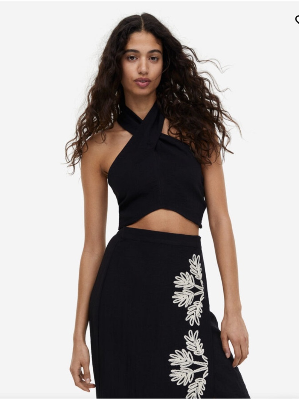 H&M cropped linen Halterneck‎ top black Tie-Back size large #croptop